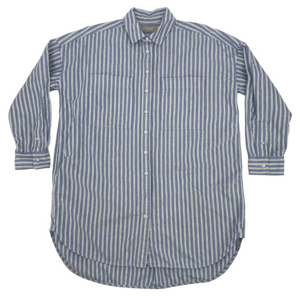 Everlane Size 4 The Way Long Oxford Shirt Blue 100% Organic Cotton Striped